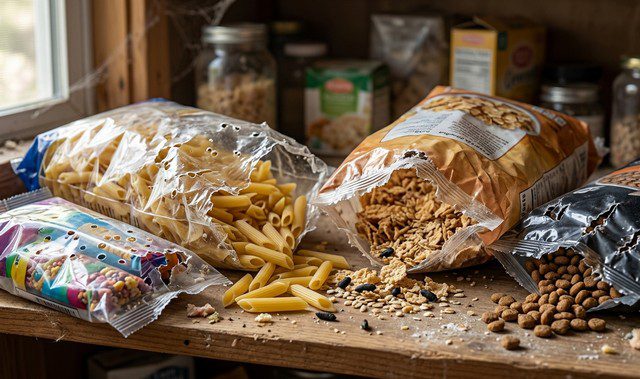 emballages alimentaires en plastique souple complètement détériorés par un rat