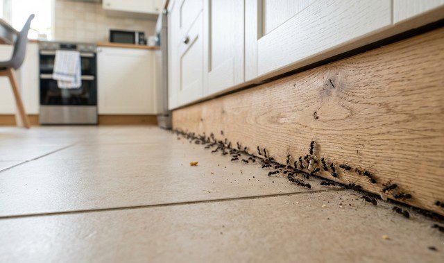 fourmis en procession le long d’une plinthe de cuisine