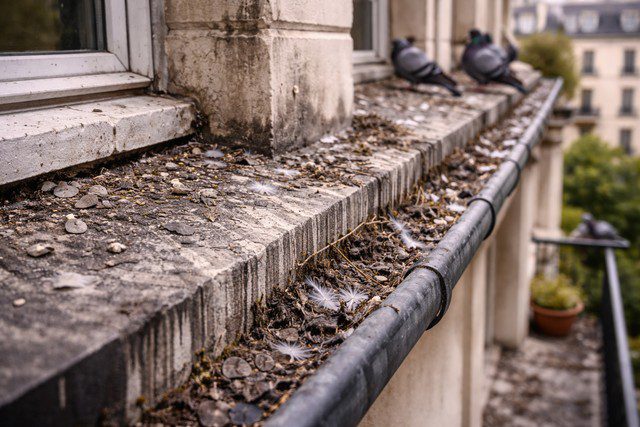 Balcon sale et gouttière encombrée de débris