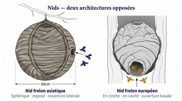 Comparaison nid frelon asiatique et nid frelon européen – nid sphérique suspendu ouverture latérale vs nid en cavité ouverture basse