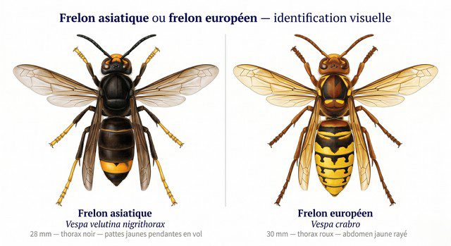 Différence frelon asiatique et frelon européen – comparaison visuelle Vespa velutina noir et Vespa crabro jaune rayé