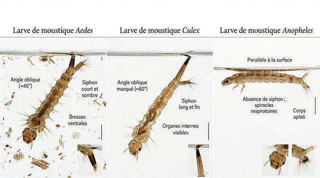 Différences entre les espèces de larves Aedes, Culex, Anopheles