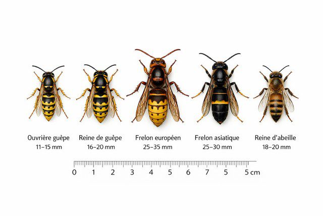 Illustration comparative d’une reine de guêpe, d’une ouvrière, d’un frelon européen, d’un frelon asiatique et d’une reine d’abeille avec tailles relatives sur fond blanc.