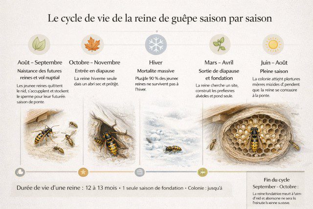 Infographie chronologique en français illustrant le cycle de vie de la reine de guêpe, du vol nuptial à la diapause hivernale, puis à la fondation du nid et à la pleine saison de la colonie.