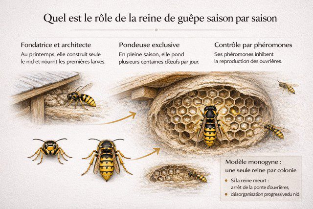 Infographie pédagogique sur le rôle de la reine de guêpe dans la colonie fondatrice, pondeuse exclusive et régulation sociale par phéromones.