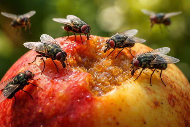 Mouches sur un pêche mûre