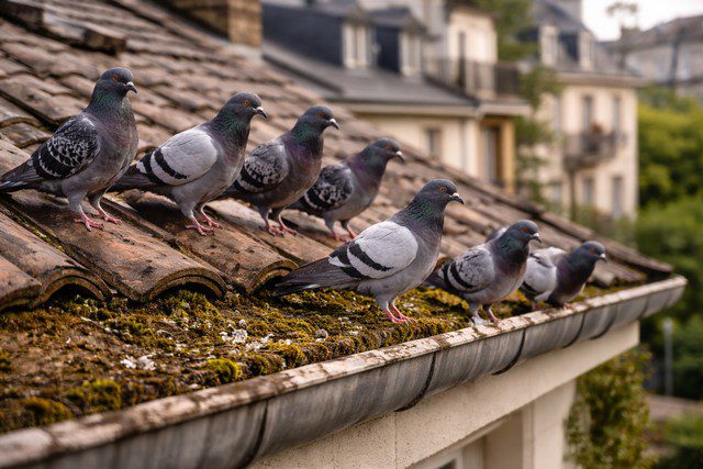 Pigeons sur un toit en terrasse