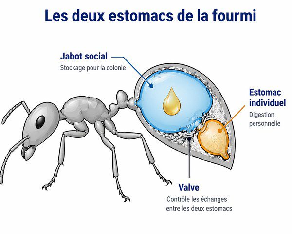 Schéma des deux estomacs de la fourmi jabot social et estomac individuel avec valve digestive