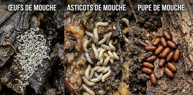 Œufs, asticots et pupes de mouche