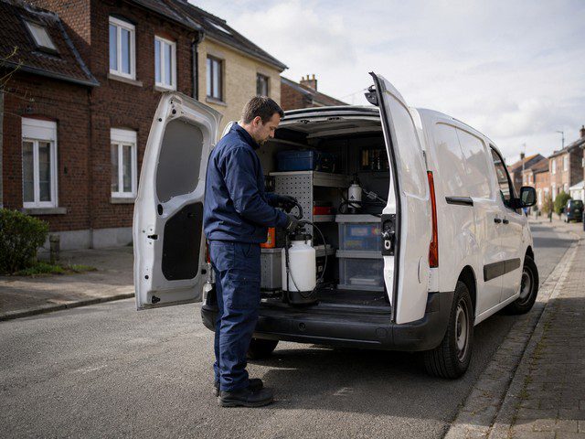 Technicien anti nuisible préparant son matériel dans un véhicule d’intervention en Hauts-de-France