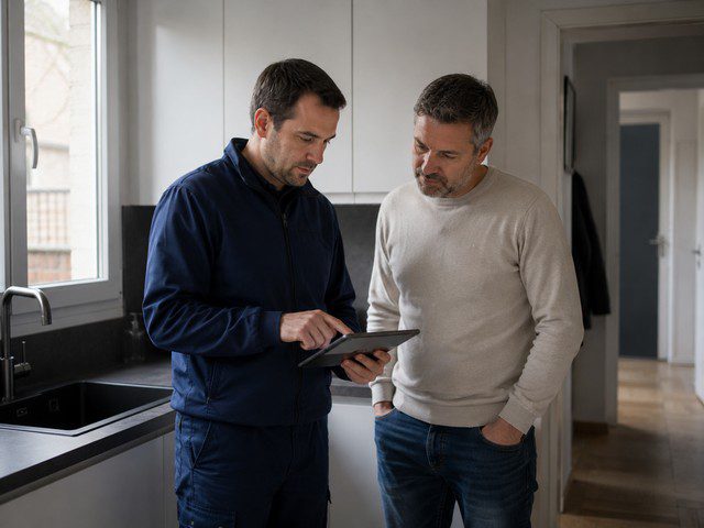Technicien anti nuisible présentant son diagnostic à un client dans une maison des Hauts-de-France