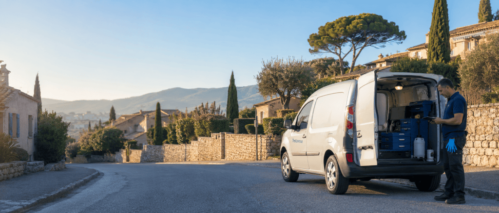 Technicien local en intervention dans un quartier résidentiel de Provence-Alpes-Côte d’Azur