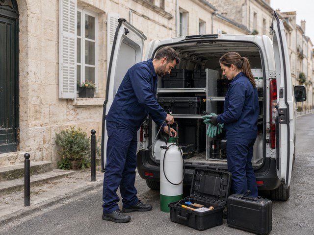 Techniciens partenaires préparant le matériel pour une intervention anti nuisible en Nouvelle-Aquitaine