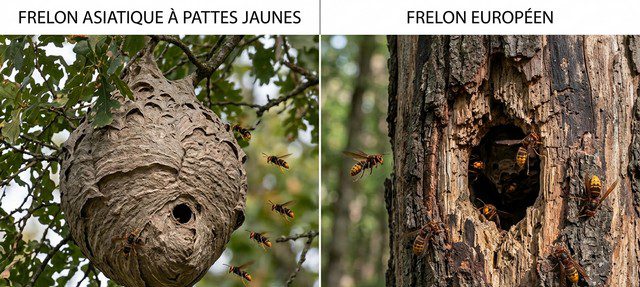 nid de frelon asiatique et européen