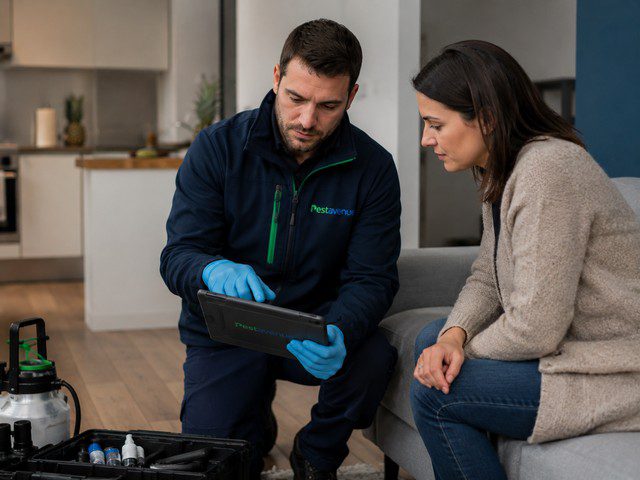 Technicien partenaire présentant un diagnostic anti nuisible à une cliente en Bourgogne-Franche-Comté