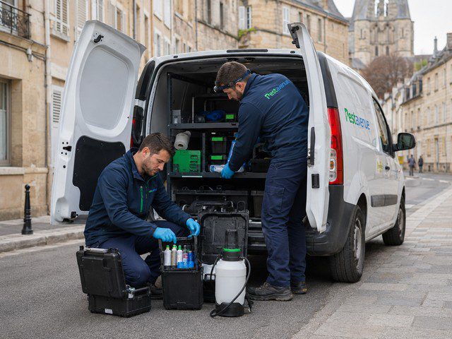 Techniciens partenaires équipant leur véhicule avant un traitement anti nuisible en Bourgogne-Franche-Comté